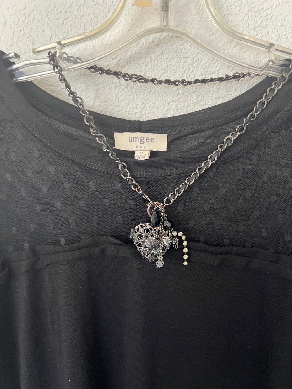 NWOT 3 pcUmgee Black Short Sleeve Sheer Dot and lace 👗 and locket & bag size Med - Picture 4 of 14
